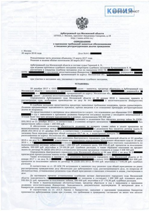 Физическое лицо признано банкротом, назначен финансовый управляющий